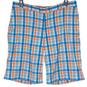 Slazenger Men's 38 Orange Blue Vibrant Plaid Check Golf Flat Front Shorts‎